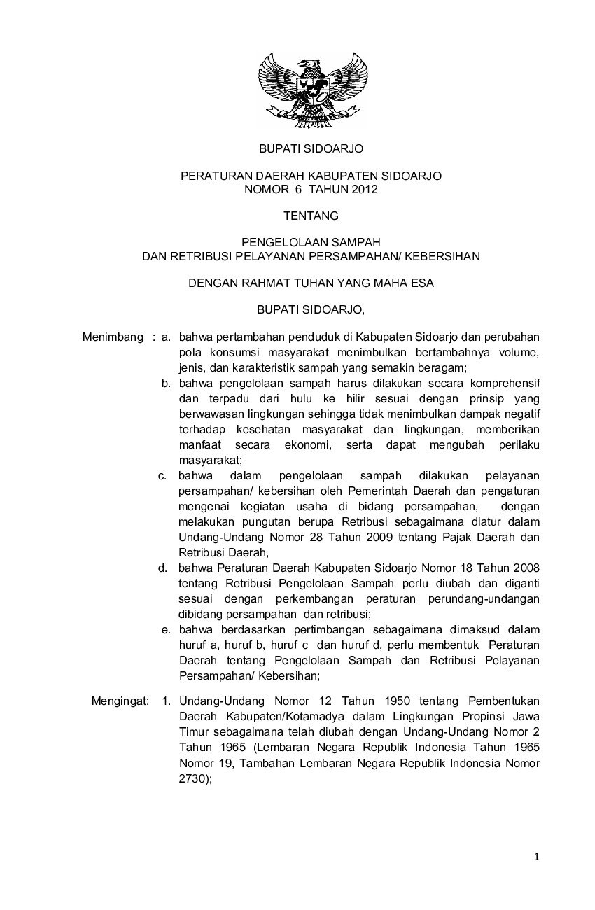 Peraturan Daerah Kabupaten Sidoarjo No 6 tahun 2012 tentang Pengelolaan Sampah Dan Retribusi Pelayanan Persampahan/ Kebersihan