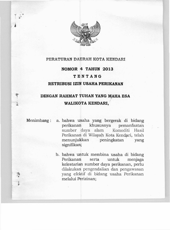 Peraturan Daerah Kota Kendari No 4 tahun 2013 tentang Retribusi Izin Usaha Perikanan