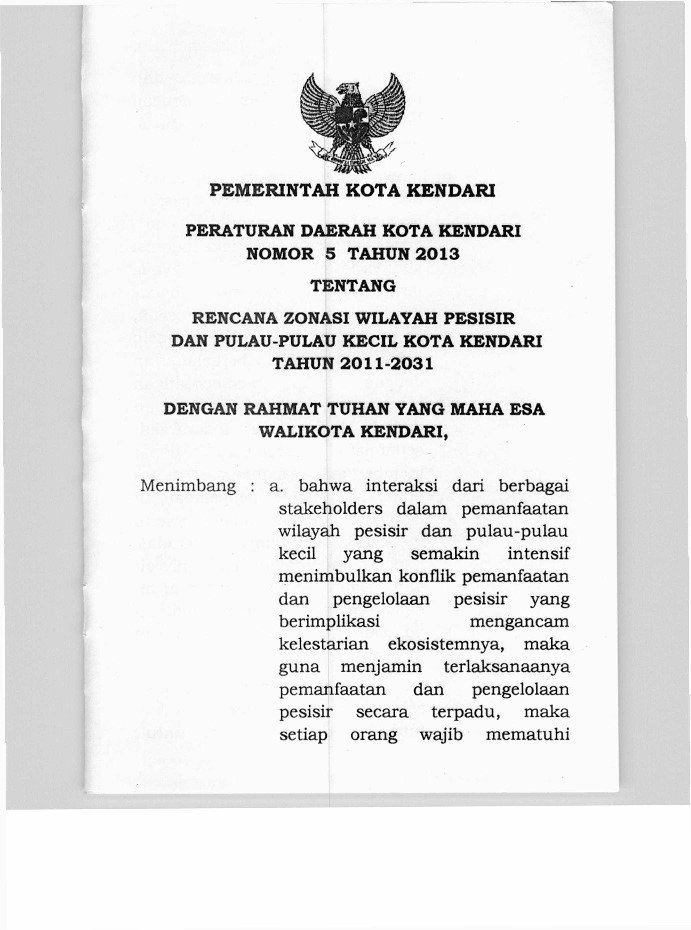 Peraturan Daerah Kota Kendari No 5 tahun 2013 tentang Rencana Zonasi Wilayah Pesisir Dan Pulau-Pulau Kecil Kota Kendari Tahun 2011-2031