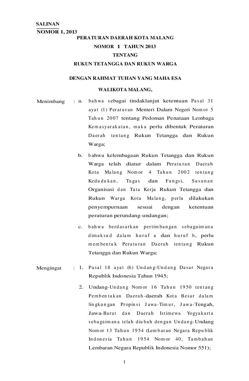 Peraturan Daerah Kota Malang No 1 tahun 2013 tentang Rukun Tetangga Dan Rukun Warga