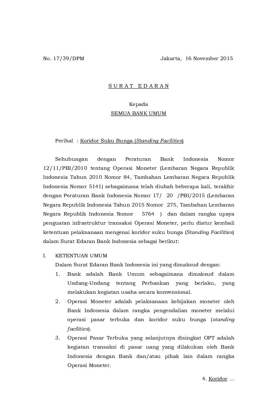 Surat Edaran Bank Indonesia (BI) No 17/39/DPM tahun 2015 tentang Koridor Suku Bunga (Standing Facilities)