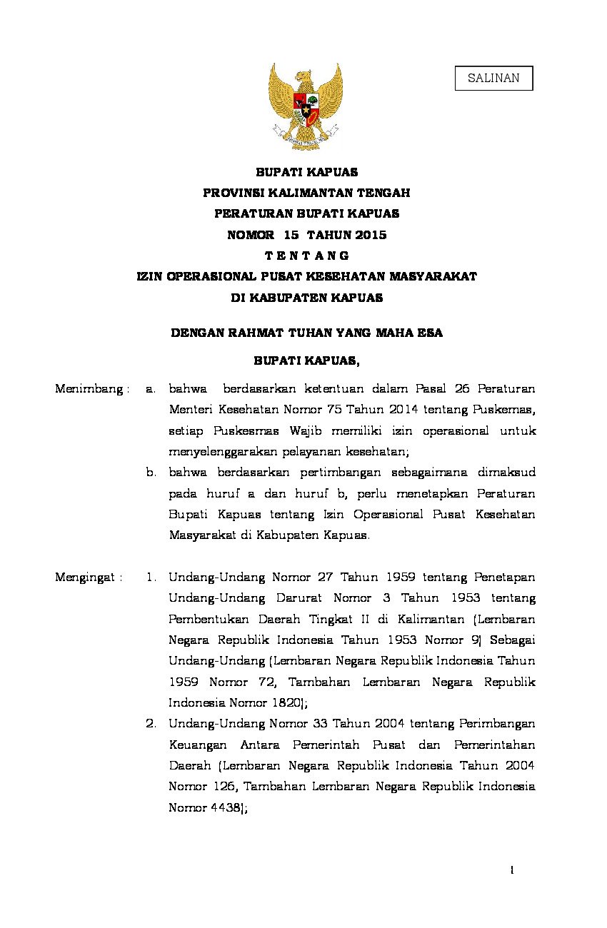 Peraturan Bupati Kapuas No 15 tahun 2015 tentang Izin Operasional Pusat Kesehatan Masyarakat Di Kabupaten Kapuas