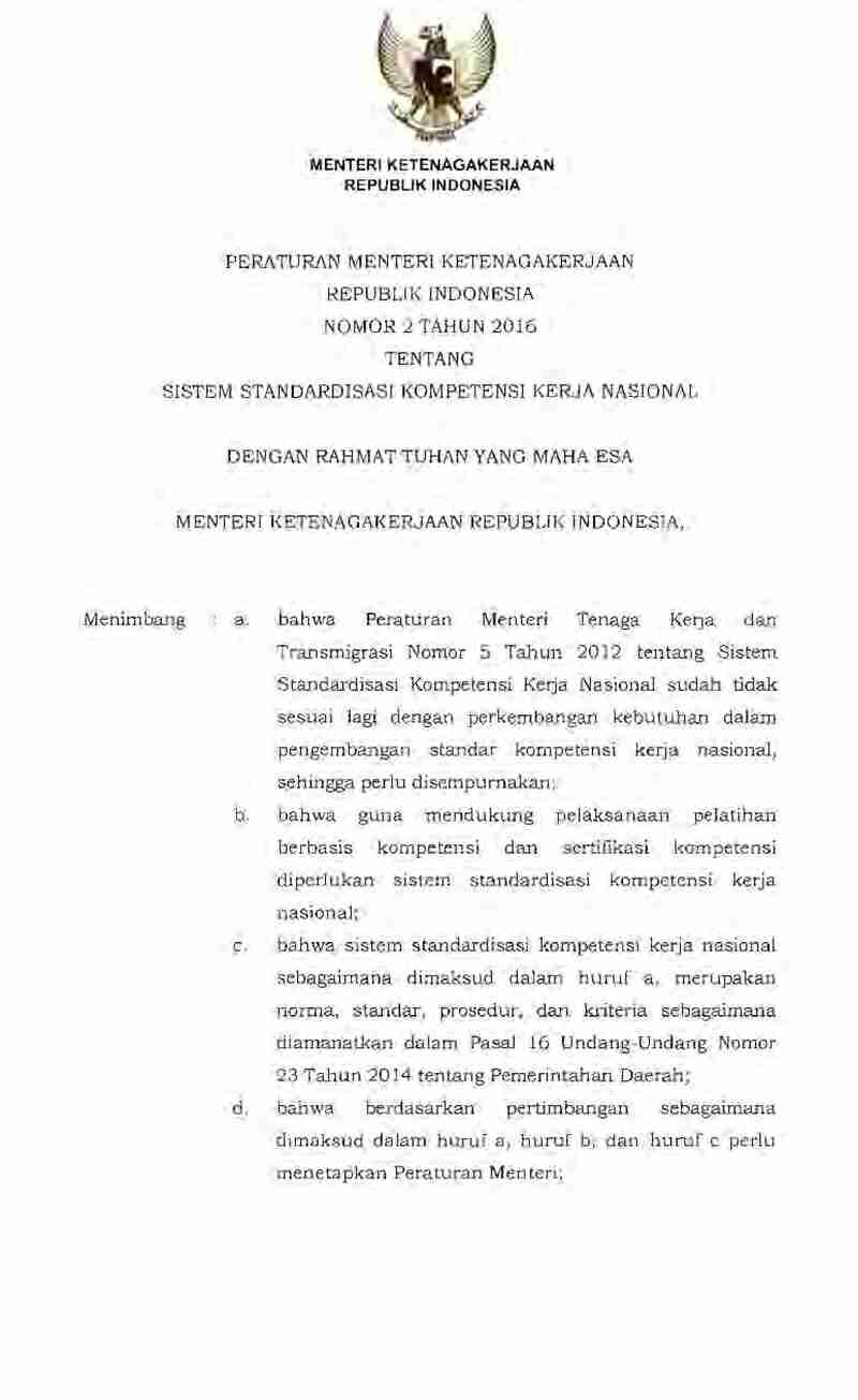 Peraturan Menteri Ketenagakerjaan No Tahun Tentang Sistem Standardisasi Kompetensi Kerja