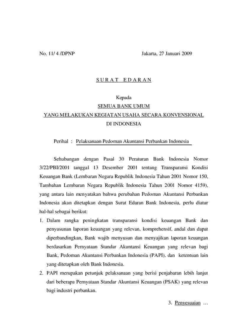 Surat Edaran Bank Indonesia No Dpnp Tahun Tentang Pelaksanaan Pedoman Akuntansi