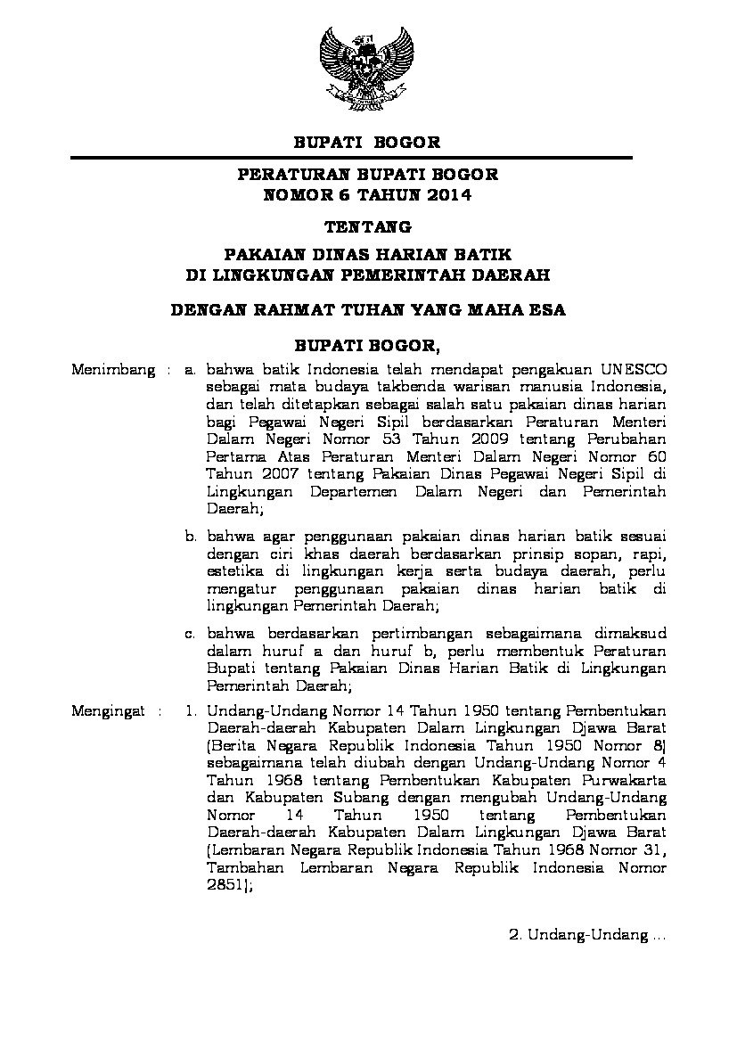 Peraturan Bupati Bogor No 6 tahun 2014 tentang Pakaian Dinas Harian Batik Di Lingkungan Pemerintah Daerah