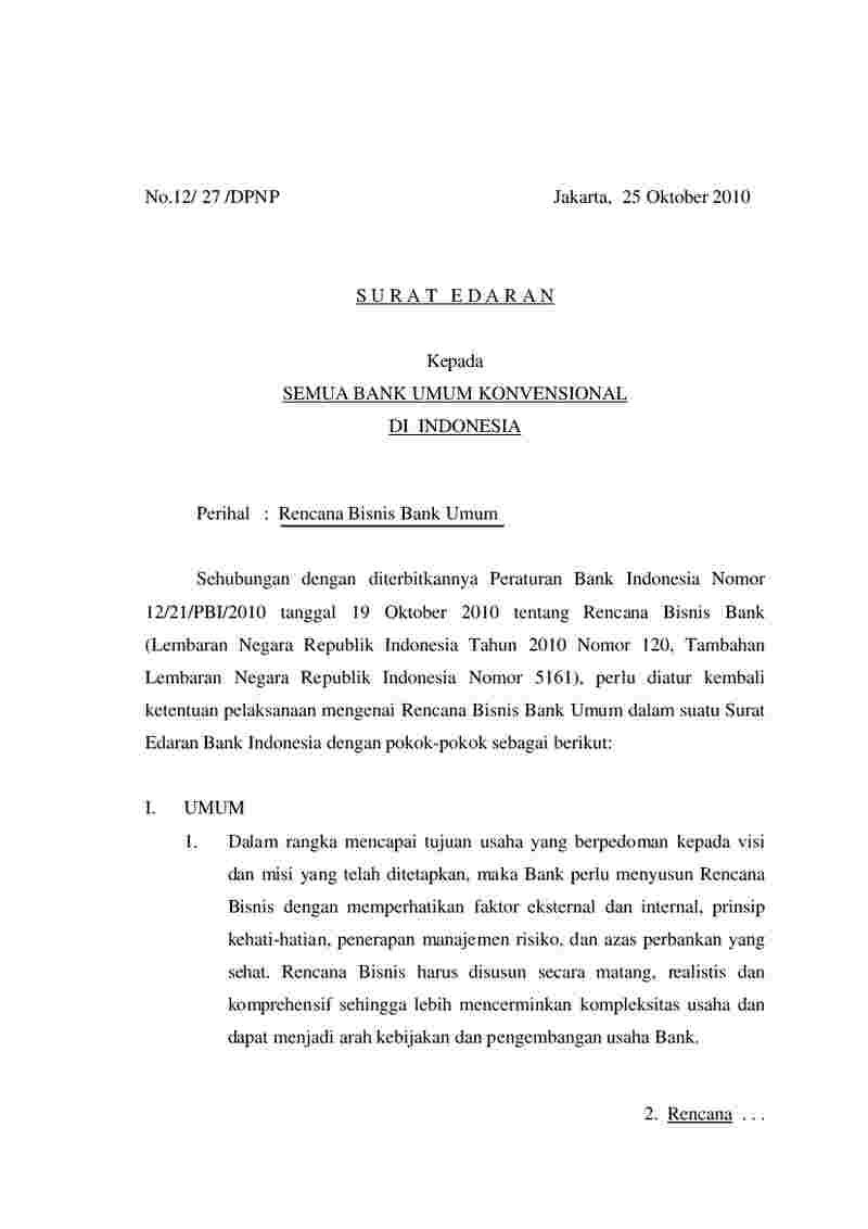 Surat Edaran Bank Indonesia No DPNP Tahun Tentang Rencana Bisnis Bank Umum