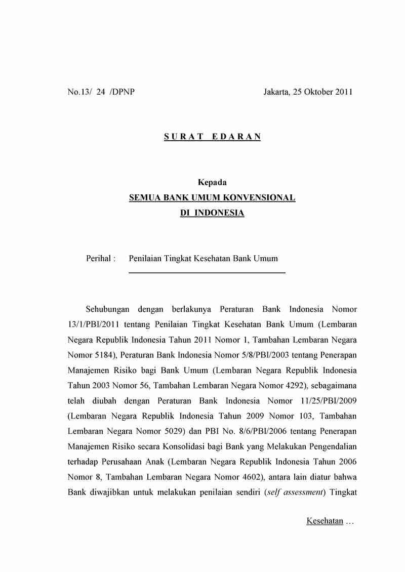Surat Edaran Bank Indonesia No 13/24/DPNP tahun 2011 tentang Penilaian Tingkat Kesehatan Bank Umum