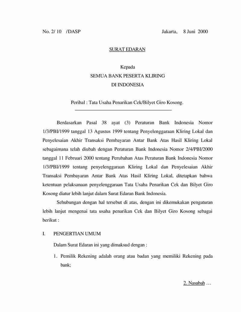 Surat Edaran Bank Indonesia (BI) No 2/10/DASP tahun 2000 tentang Tata Usaha Penarikan Cek/Bilyet Giro Kosong.