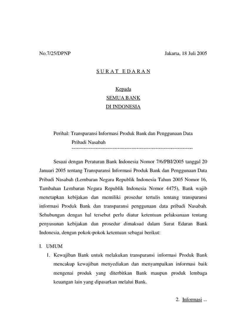 Surat Edaran Bank Indonesia (BI) No 7/25/DPNP tahun 2005 tentang Transparansi Informasi Produk Bank Dan Penggunaan Data Pribadi Nasabah