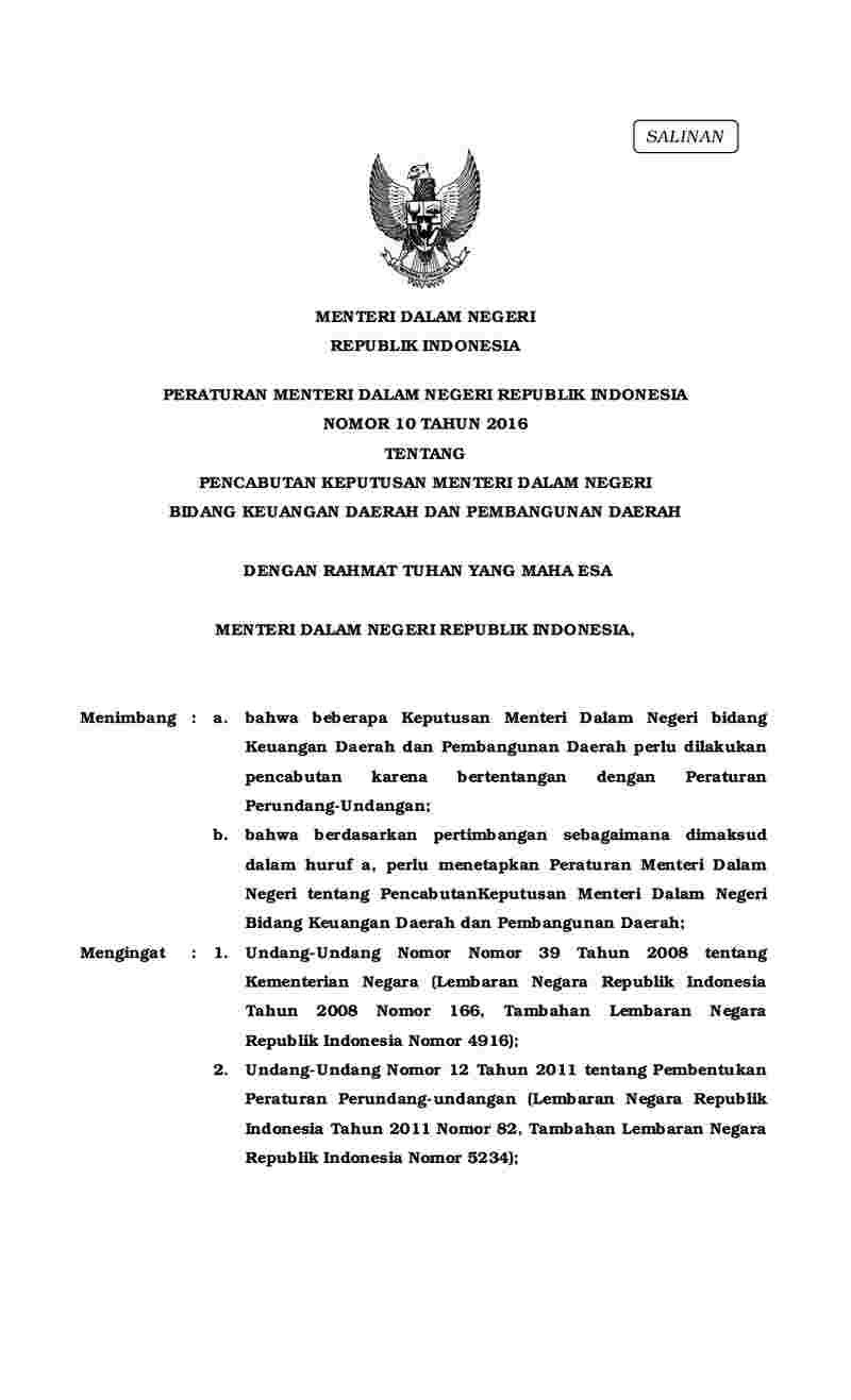 Peraturan Menteri Dalam Negeri No 10 tahun 2016 tentang Pencabutan Keputusan Menteri Dalam Negeri Bidang Keuangan Daerah Dan Pembangunan Daerah