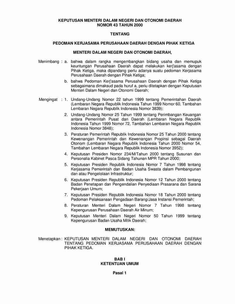 Keputusan Menteri Dalam Negeri No 43 tahun 2000 tentang Pedoman Kerjasama Perusahaan Daerah Dengan Pihak Ketiga