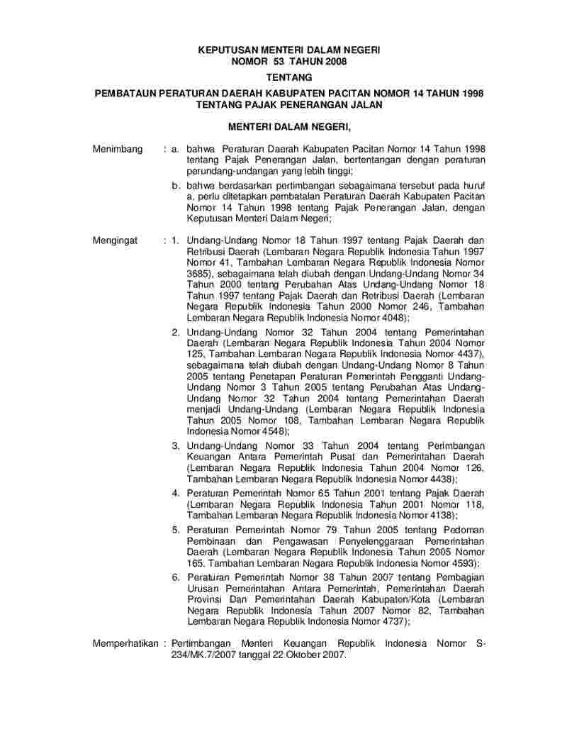 Keputusan Menteri Dalam Negeri No 53 tahun 2008 tentang Pembatalan Peraturan Daerah Kabupaten Pacitan Nomor 14 Tahun 1998 Tentang Pajak Penerangan Jalan