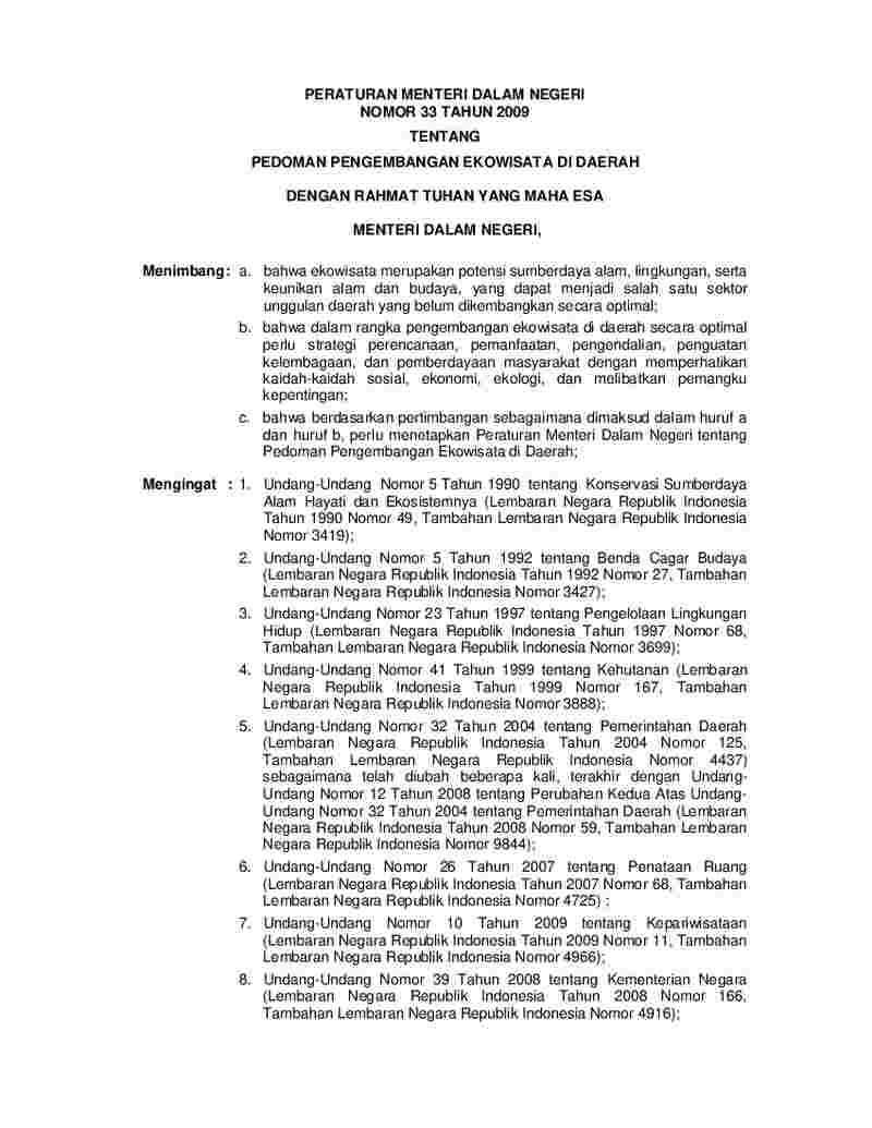Peraturan Menteri Dalam Negeri No 33 tahun 2009 tentang Pedoman Pengembangan Ekowisata Di Daerah