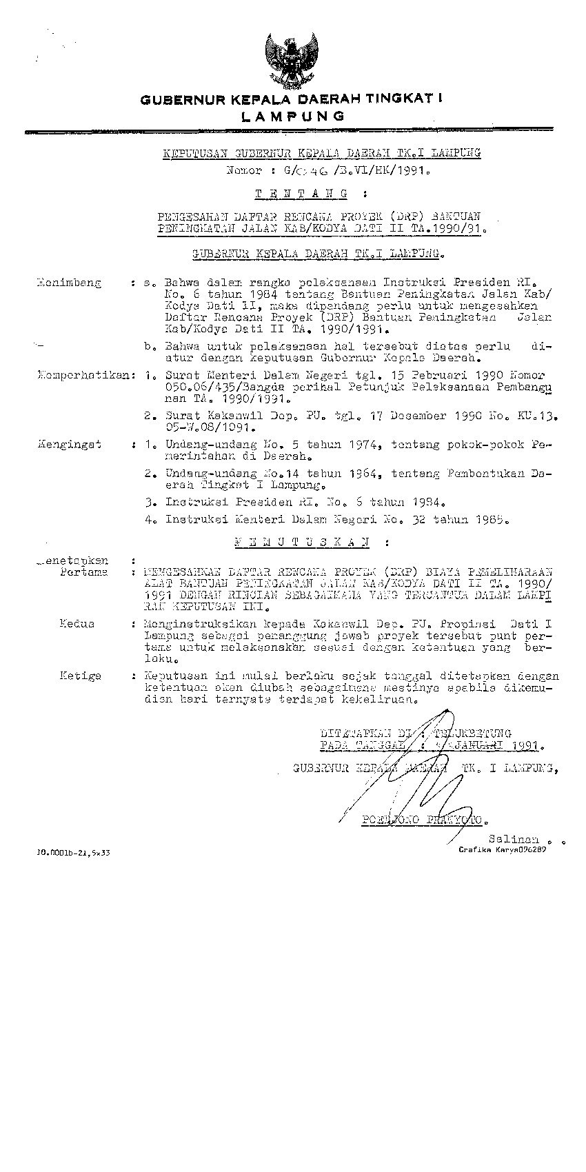 Keputusan Gubernur Lampung No G/046/ B.VI/HK/1991 tahun 1991 tentang Pengesahan Daftar Rencana Proyek (DRP) Bantuan Peningkatan Jalan Kab/Kodya Dati II Ta. 1990/91