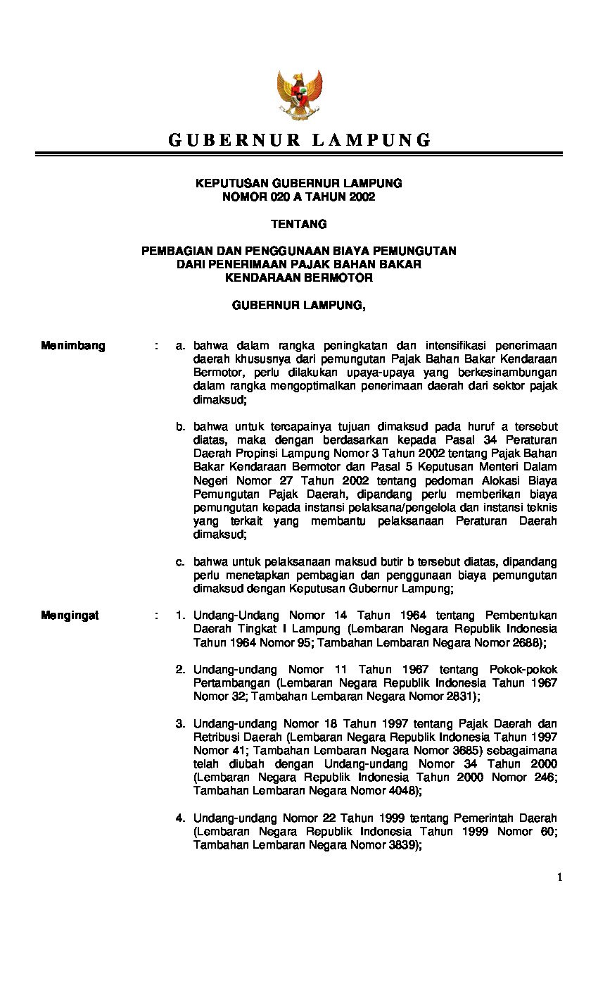 Keputusan Gubernur Lampung No 20A tahun 2002 tentang Pembagian Dan Penggunaan Biaya Pemungutan Dari Penerimaan Pajak Bahan Bakar Kendaraan Bermotor