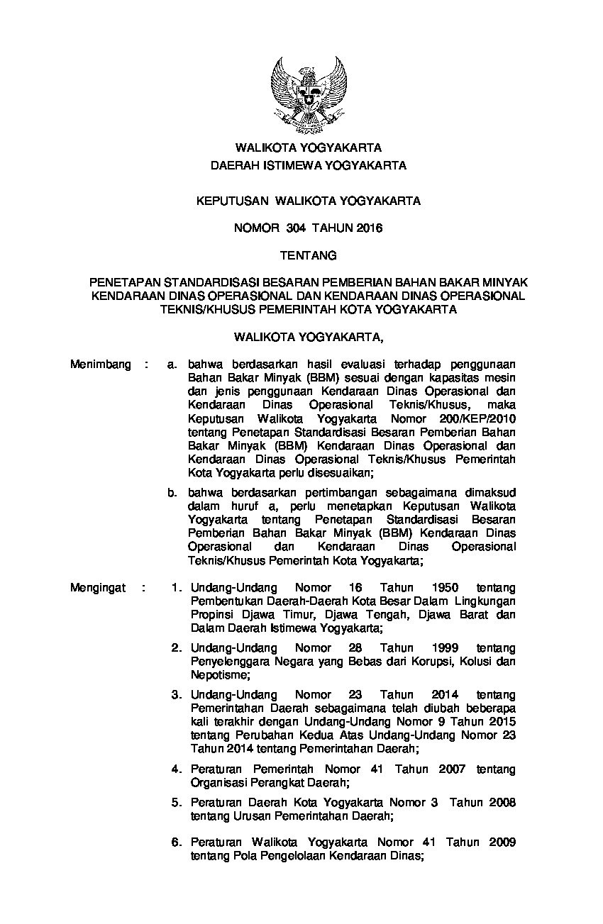 Keputusan Walikota Yogyakarta No 304 tahun 2016 tentang Penetapan Standardisasi Besaran Pemberian Bahan Bakar Minyak Kendaraan Dinas Operasional Dan Kendaraan Dinas Operasional Teknis/Khusus Pemerintah Kota Yogyakarta