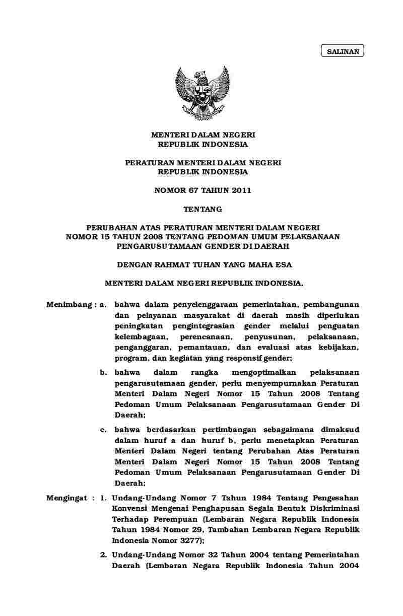 Peraturan Menteri Dalam Negeri No 67 Tahun 2011 Tentang Perubahan Atas Peraturan Menteri Dalam