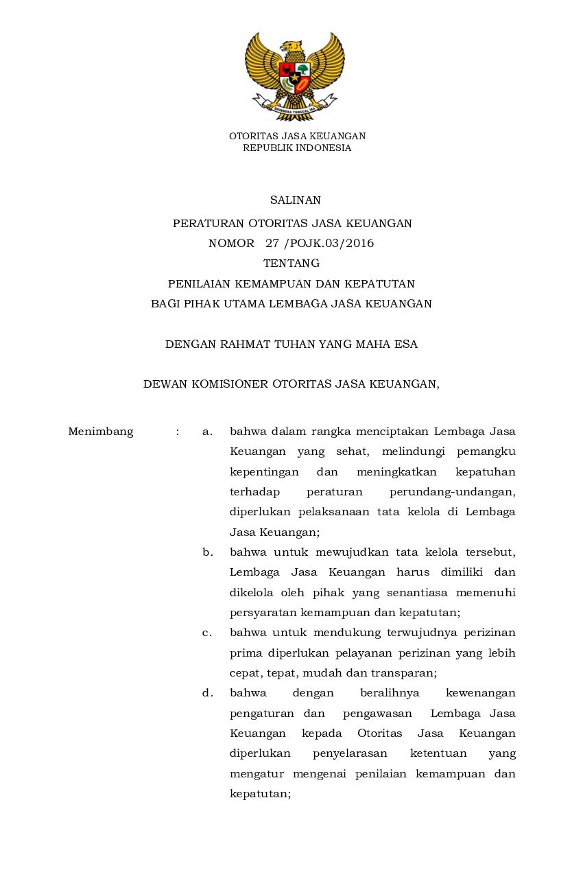 Peraturan Otoritas Jasa Keuangan No 27/POJK.03/2016 tahun 2016 tentang Penilaian Kemampuan Dan Kepatutan Bagi Pihak Utama Lembaga Jasa Keuangan